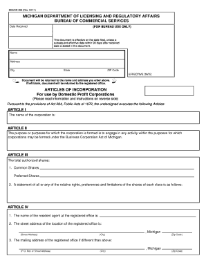 Michigan Articles of Incorporation