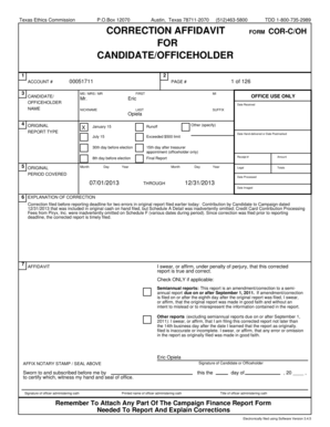 Texas Ethics Commission Correction Affidavit Form