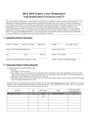 2014–2015 Verification Worksheet for Independent Students