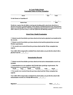 Florida School Entry Health Examination Exemption Notice