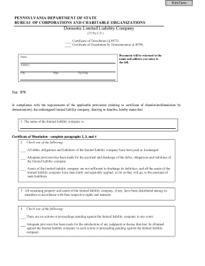Pennsylvania LLC Certificate of Dissolution