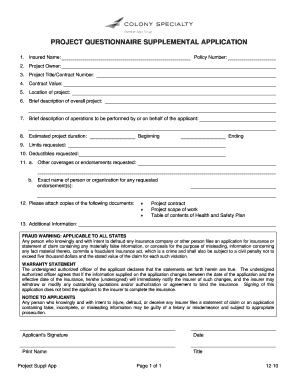 Project Questionnaire Supplemental Application