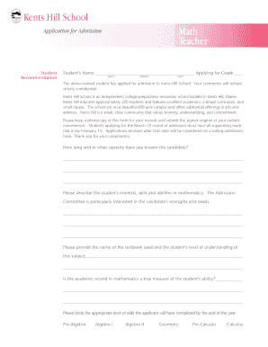 Math Recommendation Form - Kents Hill School - yoloway