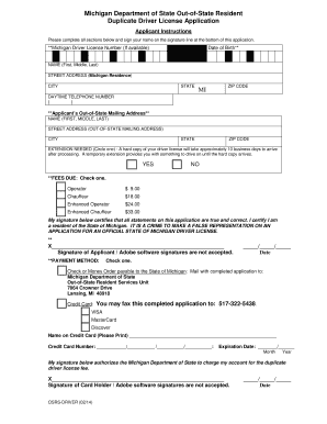 Michigan Out-of-State Resident Duplicate Driver License Application