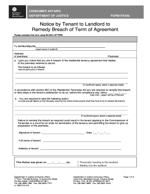 Notice by Tenant to Landlord to Remedy Breach of Term of Agreement