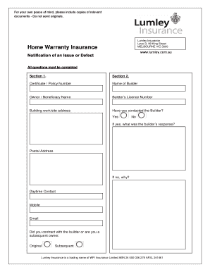Lumley Insurance Home Warranty Claim Form