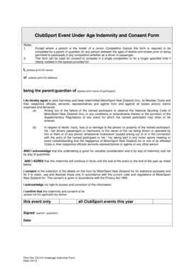 ClubSport Under Age Indemnity and Consent Form