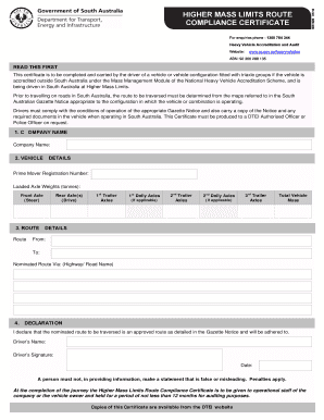 Higher Mass Limits Route Compliance Certificate