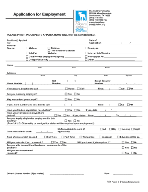 The Children's Shelter Employment Application