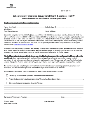 Duke University Influenza Vaccine Medical Exemption Application