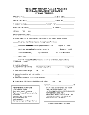 Food Allergy Treatment Plan and Permission