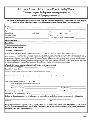 Diocese of Orlando Adult Consent Form & Liability Waiver
