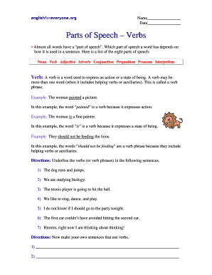 Parts of Speech Verbs Worksheet