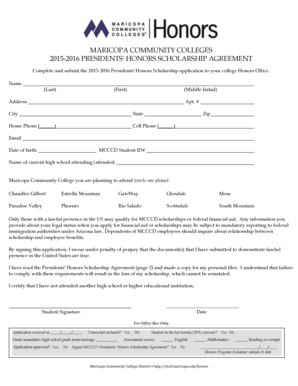 2015-2016 Presidents' Honors Scholarship Agreement