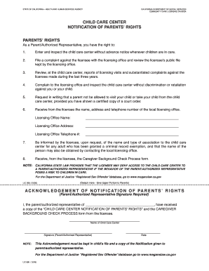 California Child Care Center Notification of Parents' Rights