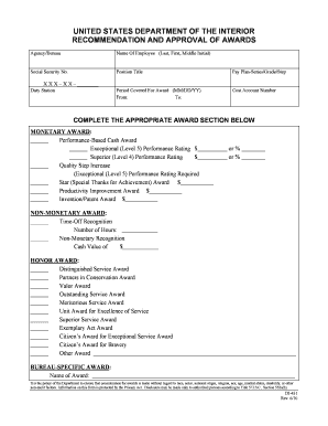 US Department of Interior Award Recommendation Form