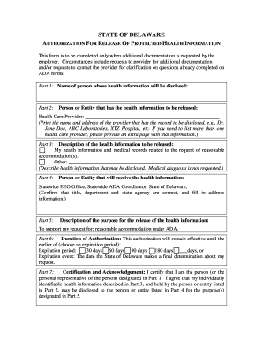 Delaware Authorization for Release of Protected Health Information