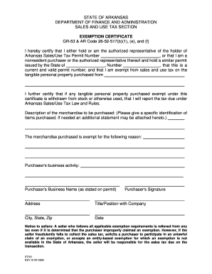 Arkansas Sales and Use Tax Exemption Certificate