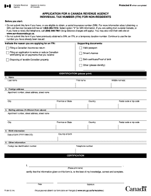 Canada Revenue Agency Individual Tax Number Application