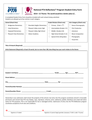 National PTA Reflections Program Student Entry Form
