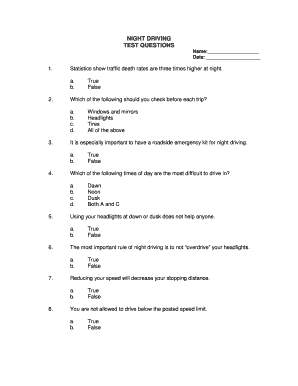 Night Driving Test Questions