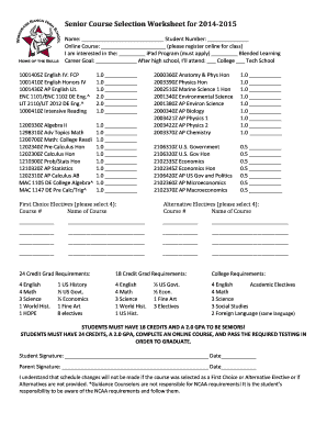 Fillable Online Senior Course Selection Worksheet for 20142015 Name ...