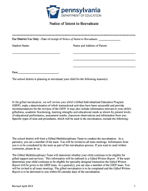 Notice of Intent to Reevaluate Gifted Student