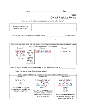 Household budget example - combine like terms notes