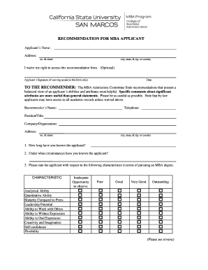 MBA Applicant Recommendation Form