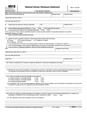 IRS Form 8918 Material Advisor Disclosure Statement