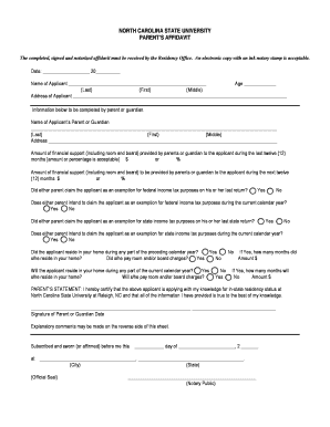 North Carolina State University Parent's Affidavit