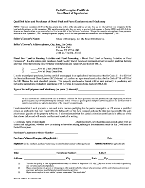 California Partial Exemption Certificate for Diesel Fuel and Farm Equipment