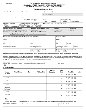 North Carolina Immunization Registry Vaccine Administration Record