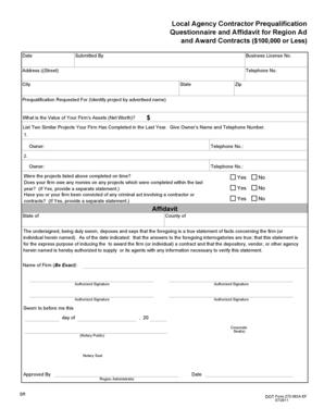 Local Agency Contractor Prequalification Questionnaire and Affidavit