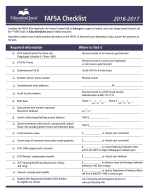 FAFSA Checklist 2016-2017