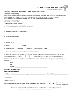 Artisan Contractor General Liability Questionnaire