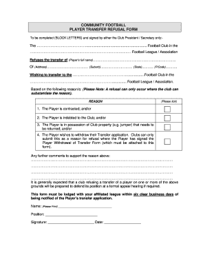 Community Football Player Transfer Refusal Form
