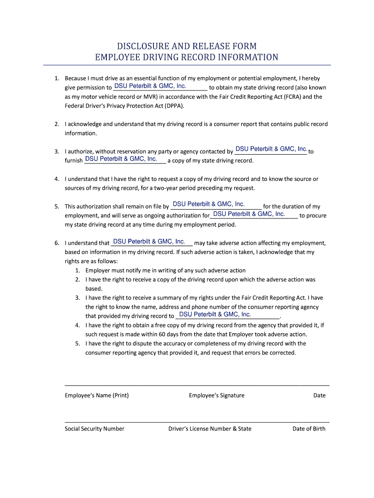 Fillable Online Disclosure And Release Form Employee Driving Record
