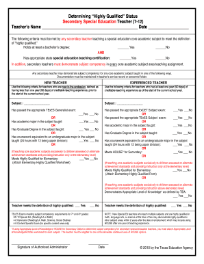 Highly Qualified Teacher Status Determination Form
