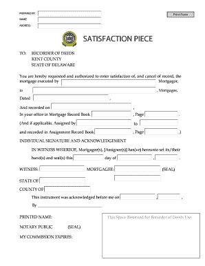 Delaware Mortgage Satisfaction Piece