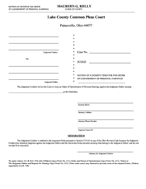 Motion for Order of Garnishment of Personal Earnings