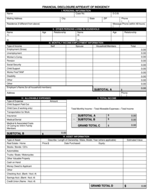 Financial Disclosure Affidavit of Indigency