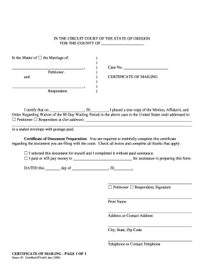 Certificate of Mailing for Divorce Waiver