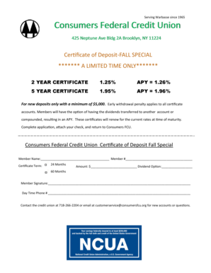 Consumers Federal Credit Union Certificate of Deposit Application