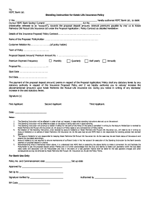 Standing Instruction for Kotak Life Insurance Policy