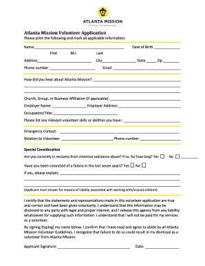Atlanta Mission Volunteer Application