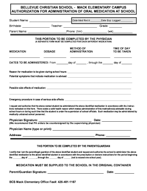 Authorization for Administration of Oral Medication at School