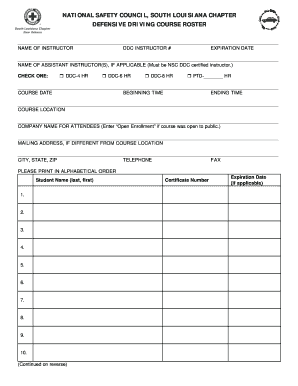 National Safety Council Defensive Driving Course Roster
