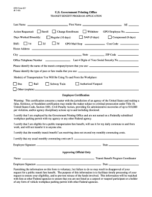 GPO Form 837 Transit Benefit Program Application