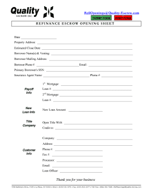 Refinance Escrow Opening Sheet